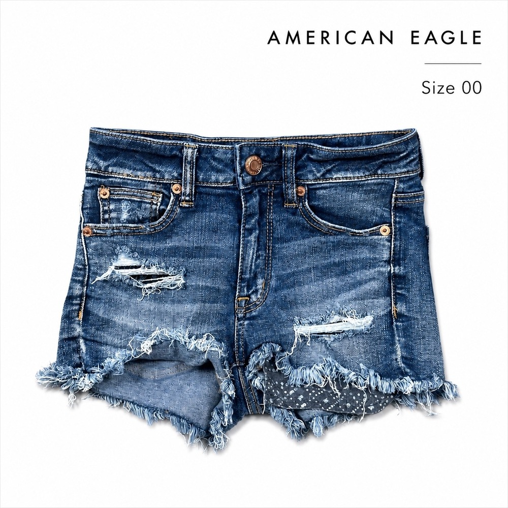 American Eagle Hi Rise Shortie Denim Shorts Womens Size 00 Distressed Cut Off